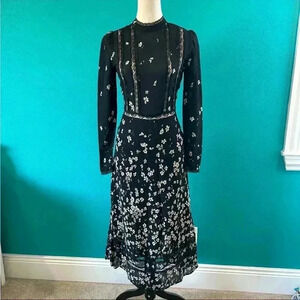 Reformation Natalia Lace Trim long sleeve Midi Dress in size 0